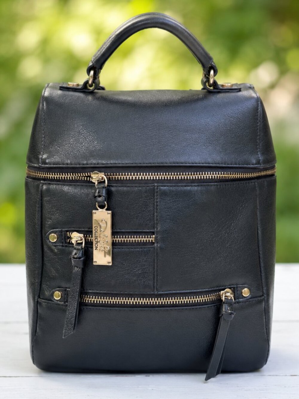 Dolce Vita Collection Black Mini Backpack Faux Leather Gold Hardware Multi Pocke